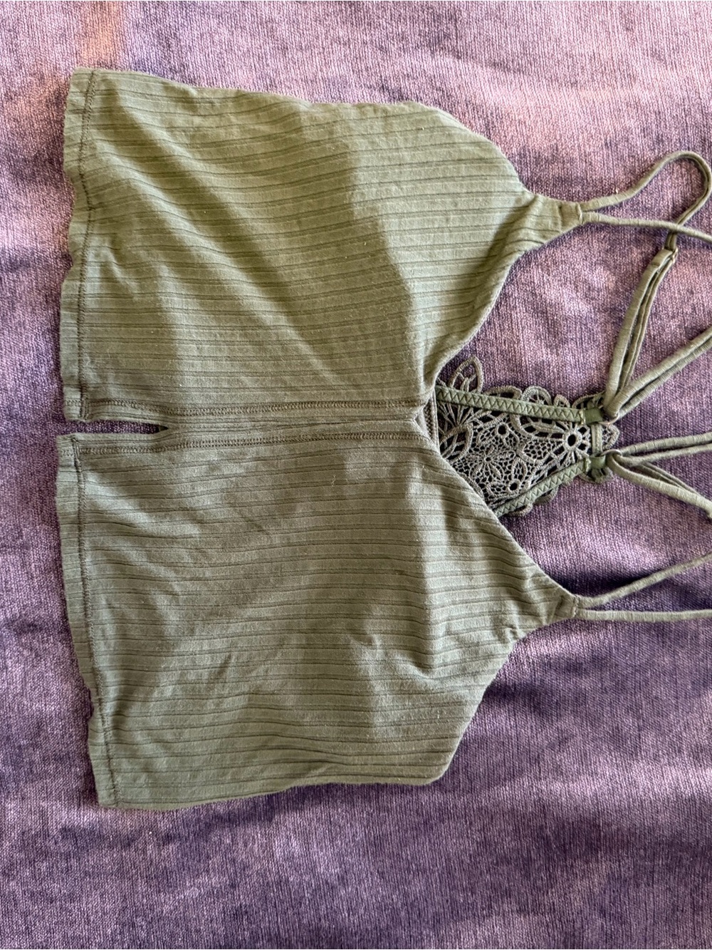 Olive Green Ribbed Crochet-Back Tank Top